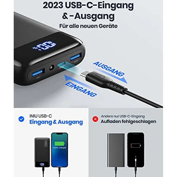 INIU Power Bank, 22,5W Powerbank 20000mAh klein Aber stark (USB C Input & Output), 3A USB C PD 3.0 QC 4.0 Externer Handyakkus, kompatibel mit iPhone 14 13 12 11 Pro Max, Samsung, iPad, Huawei, Switch – Bild 3