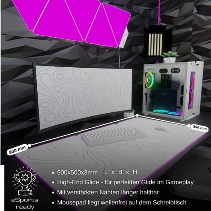 Nyfter XXL Gaming Mauspad RGB White im Topography Design 900 x 500mm Premium Mousepad Size mit hochwertiger Beschichtung und vernähten Kanten – Bild 2