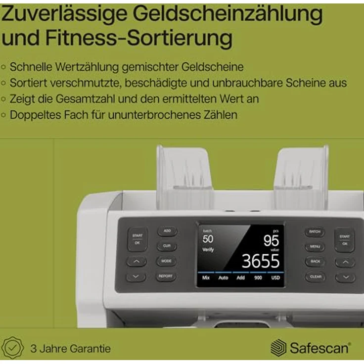 Safescan 2995-SX Geldzählmaschine, mit 7-facher Echtheitsprüfung, gemischte Währungs- und Fitness-Sortierung – Bild 2