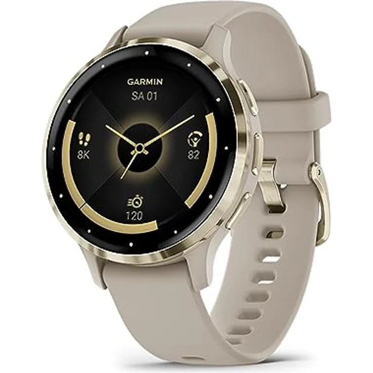 Garmin Venu 3S – GPS-Fitness-Smartwatch mit Bluetooth Telefonie und Sprachassistenz, Ultrascharfes 1,3 Zoll/ 1,1 Zoll AMOLED-Touchdisplay, Fitnessfunktionen, Garmin Music, Garmin Pay und Rollstuhlmodus, 18 mm, French Gray/Softgold – Bild 1
