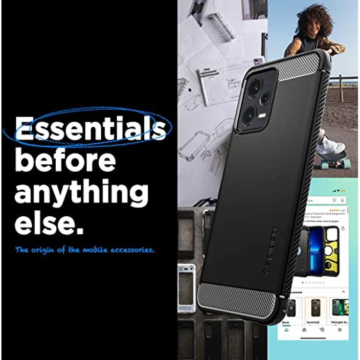 Spigen Rugged Armor Hülle Kompatibel mit Xiaomi Redmi Note 12 5G / Poco X5 5G -Schwarz, Einfarbiges TPU mit Prägung im Karbon Look – Bild 3