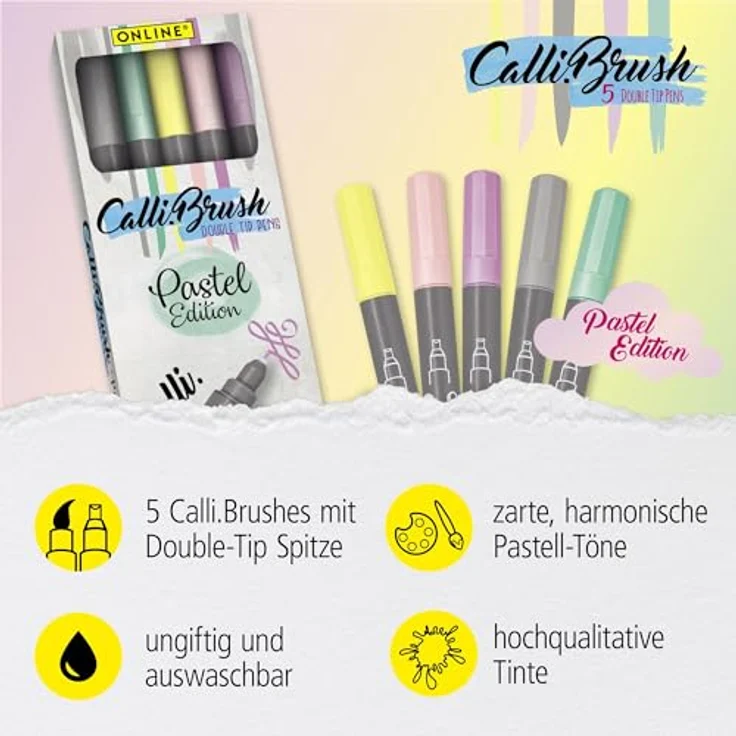 ONLINE® Calli.Brush Double Pastel Brush-Pens, 5er Set mit Kalligrafie- und Pinselspitze in Grau, Hellgrün, Pink, Violett, Gelb – Bild 2