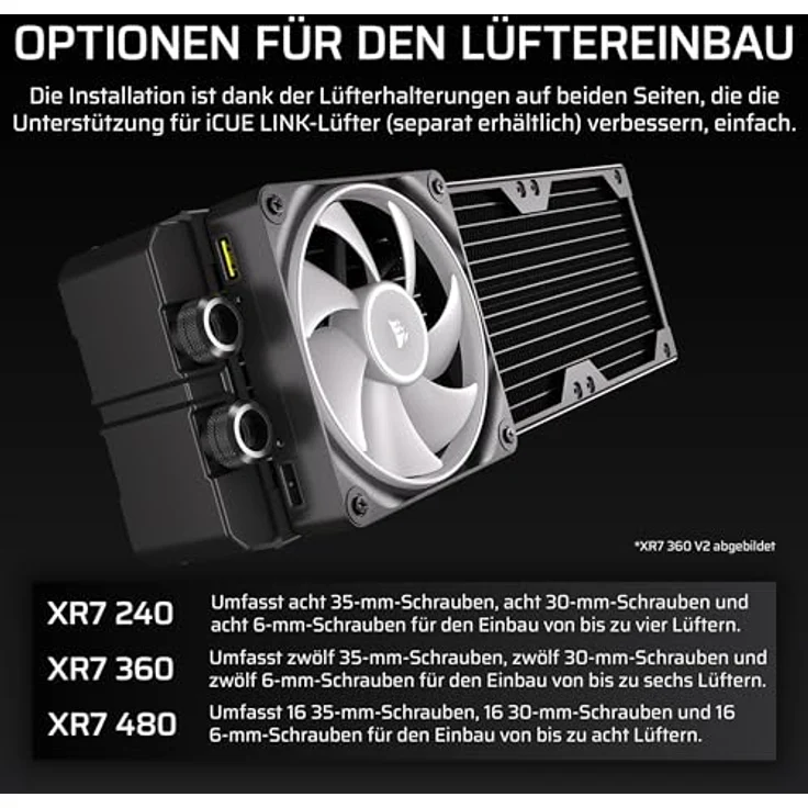 Corsair Hydro X Series XR7 360 V2 Radiator, 360 mm, schwarz, Kupfer- und Messing-Aufbau, 6x 120-mm-Lüfter kompatibel, Push-Pull-Konfiguration, 54 mm dick, 2x G1/4-Anschlüsse – Bild 3