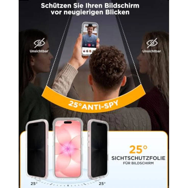 Miracase Sichtschutz Hülle für iPhone 17e / iPhone 16e, 360° Vollschutz, stoßfest, integrierte ANTI-SPY gehärtete Glas-Schutzfolie, kratzfest, klar – Bild 4