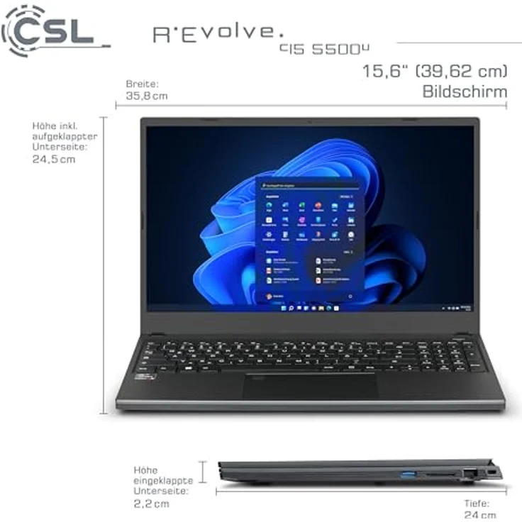 CSL-Computer Notebook R'Evolve C15 5500U - Ultra-Slim Laptop, 15,6 Zoll FHD IPS Display, AMD Ryzen 5 5500U, 500 GB SSD, 32 GB RAM, USB 3.2, BT 5.2, AX WLAN – Bild 2