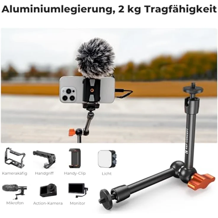 K&F CONCEPT 9,8 Zoll Magic Arm mit Super Clamp, Kamera Halterung für Käfig, Monitor und LED Licht, 2 KG Belastung, Aluminiumlegierung – Bild 4