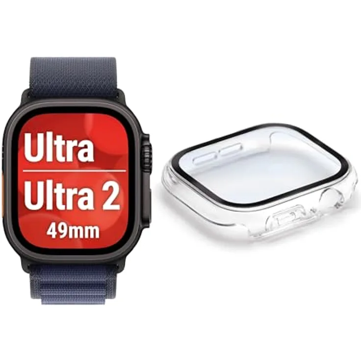 Displex 10H Panzerglas für Apple Watch Ultra (2/3) (49mm), Full Body Schutz, IP68 Wasserdicht, Snap-On Montage, rundum Displayschutz, transparent