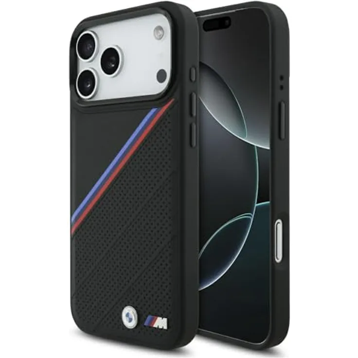 BMW Handyhülle Case iPhone 17 Pro Max, MagSafe Kunstleder schwarz mit Tricolor Metall Logo und Kantenschutz, 6,9 Zoll