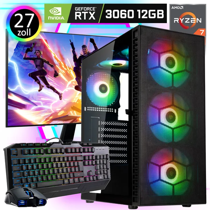 MeinPC Gaming PC Komplettsystem: 27" TFT, AMD Ryzen 7 5700X, Nvidia GeForce RTX 3060 12GB, 32 GB RAM, 1TB SSD, RGB Tower, Windows 11, Gamer Tastatur Maus