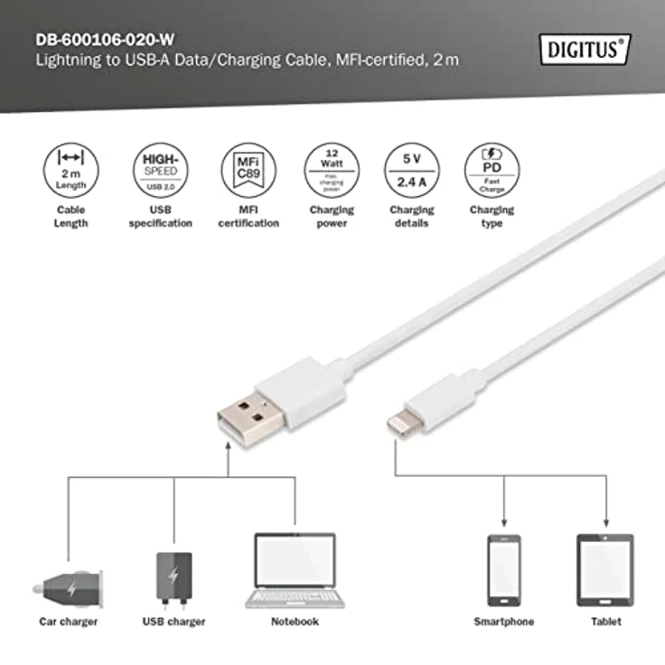 DIGITUS USB-A zu Lightning MFI C89, 2M Daten und Ladekabel, weiß, 5V, 2.4A – Bild 4