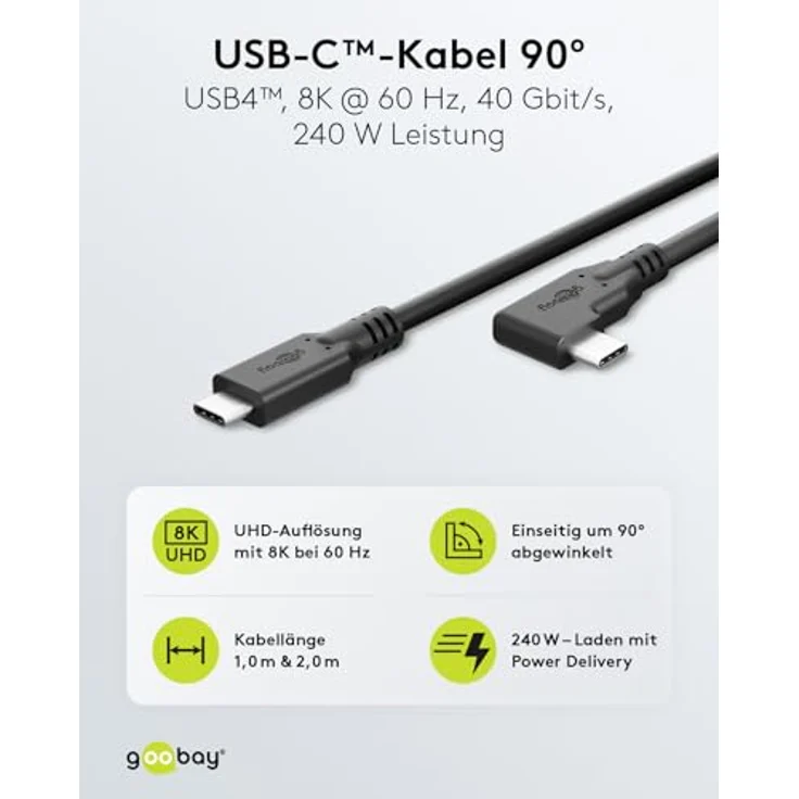 goobay USB-C Kabel 4.0/90° - 1m schwarz, 240W, 40 Gbit/s, Power Delivery, USB-C auf USB-C, ideale Lösung für Smartphone, Laptop und Festplatte, kompatibel mit Thunderbolt-79432 – Bild 2