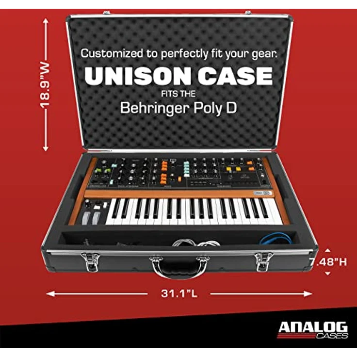 Analog Cases UNISON Case für The Behringer Poly D oder gleichartige Synthesizer (Transportkoffer, Eckschutz aus Aluminium, gepolsterter Deckel mit Tragegriff, Kabelaufbewahrungsfächer), Schwarz – Bild 5