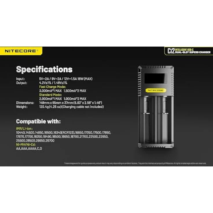NiteCore CI2 Rundzellen-Ladegerät für LiIon, NiMH, NiCd, 2 Ladeschächte, mit Display, USB-Anschluss, max. Ladestrom 3000 mA, inkl. USB-C-Kabel – Bild 6