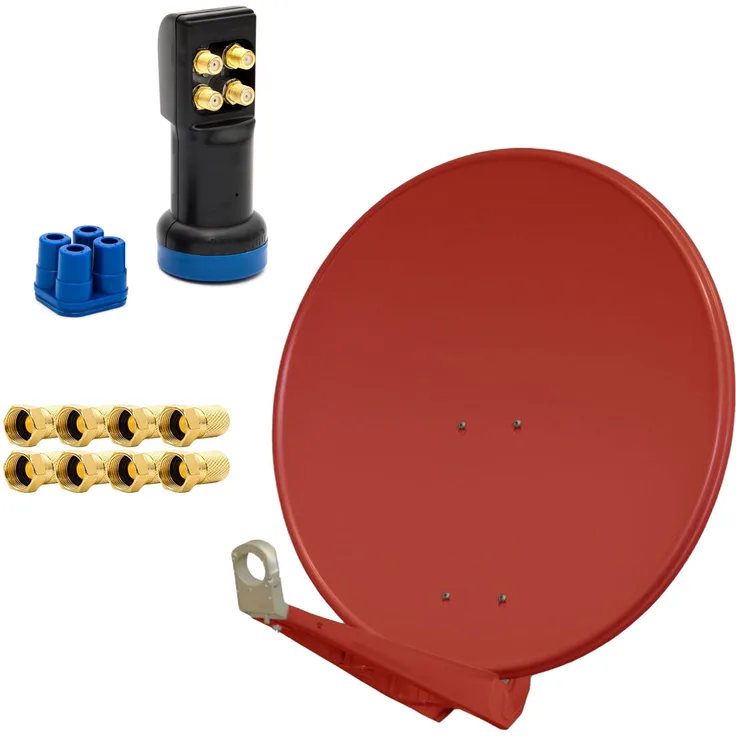 PremiumX DELUXE Satellitenanlage 85cm, Aluminium in Ziegelrot, Quad LNB für bis zu 4 TV Receiver, inkl. 8x F-Stecker