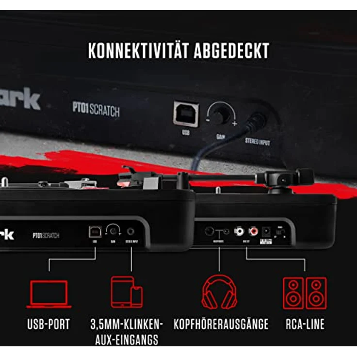 Numark PT01 Scratch - tragbarer DJ-Plattenspieler mit auswechselbarem Scratch-Switch, eingebautem Lautsprecher, Stromversorgung über Batterie - Netzteil, 3 Geschwindigkeiten und USB-Verbindung – Bild 7