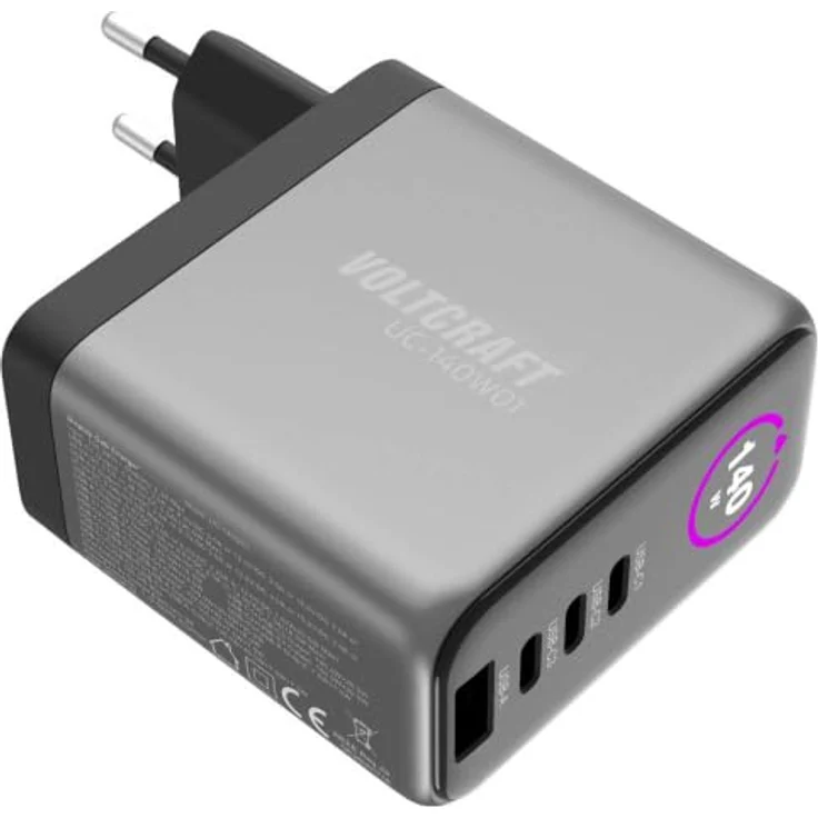Voltcraft UC-140W01, USB Ladegerät mit 1x USB-A und 3x USB-C, 140 W, Schwarz, GaN, Schnellladegerät mit USB Power Delivery – Bild 4