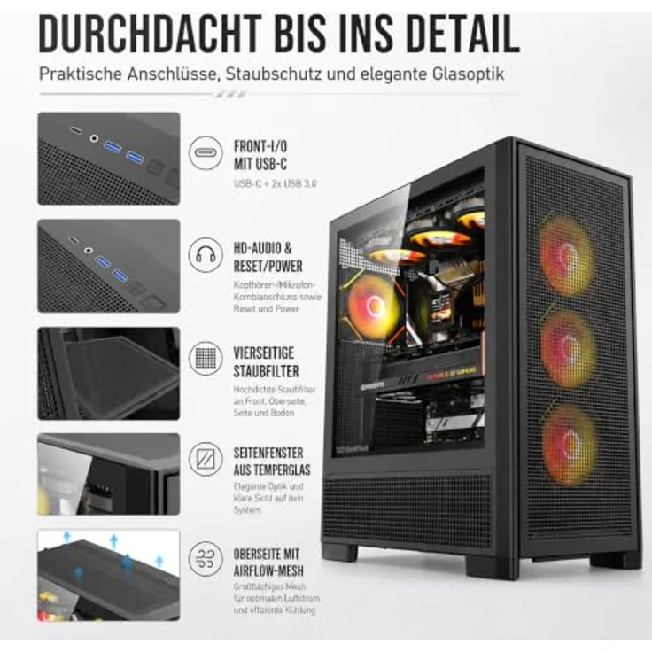 darkFlash AIRNOVA BLK +3F, Big-Tower Computergehäuse mit 3x 120-mm-Lüftern und USB-Typ-C-Anschluss, schwarz – Bild 5