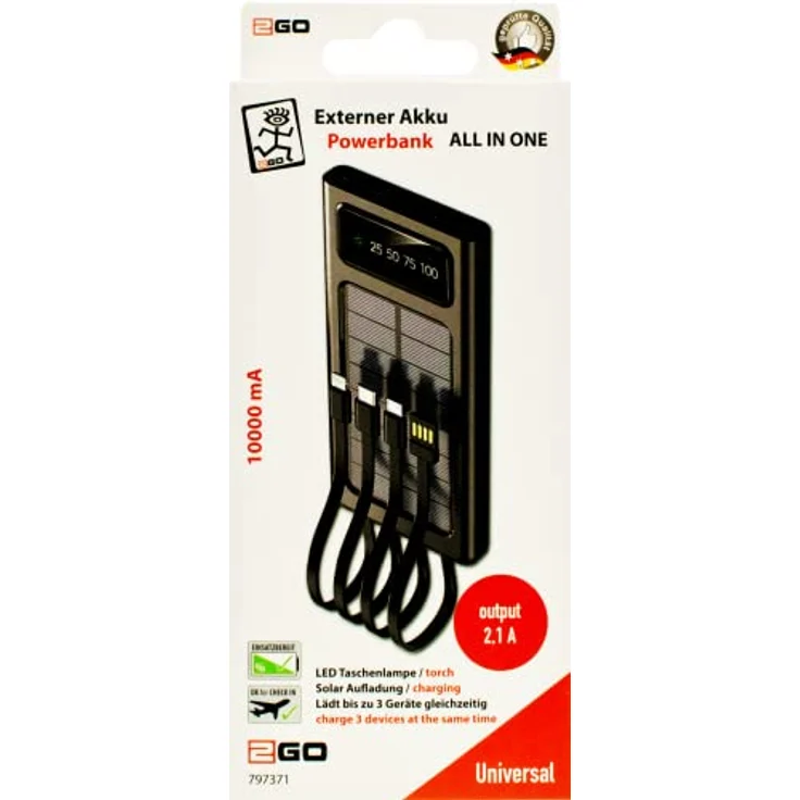 2GO Powerbank Solar 10000mAh schwarz mit LED Taschenlampe – Bild 3