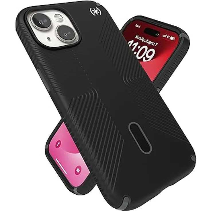 Speck iPhone 15 Hülle – ClickLock rutschfeste Interlock, MagSafe kompatibel, Fallschutzgriff – für iPhone 15, iPhone 14, iPhone 13–6,1 Zoll Handyhülle – Presidio2 Grip Schwarz/Schiefergrau/Weiß