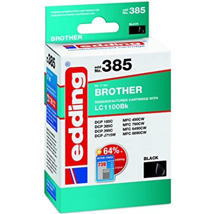 edding Druckerpatrone EDD-385 - Einzelpatrone - Schwarz - 17 ml - Reichweite 735 Seiten - Ersetzt Brother LC1100BK