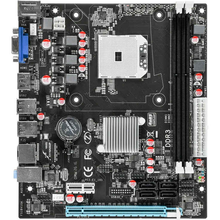 Douself DR3 Motherboard, FS1-CPU-Unterstützung, AMD A4/A6/A8 Prozessoren, bis zu 16 GB Speicher, 1066 Hz/1333 Hz, Realtek 100 Mbit, ATX, metallisch