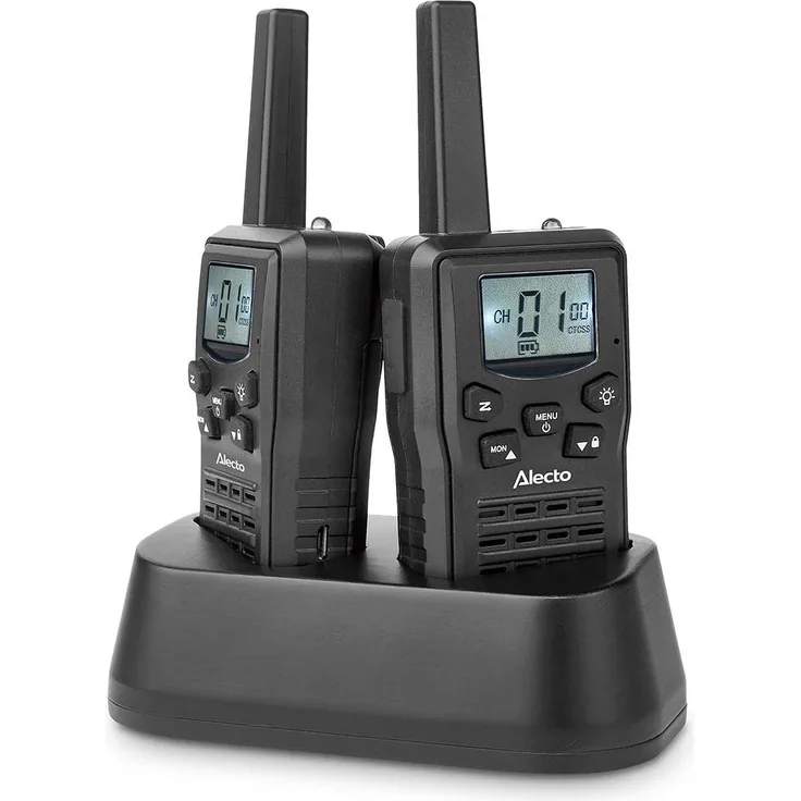 Alecto FR200BK, Set mit 2 wiederaufladbaren Walkie-Talkies, Reichweite bis zu 10 km, VOX-Freisprechfunktion, USB-C, Schwarz