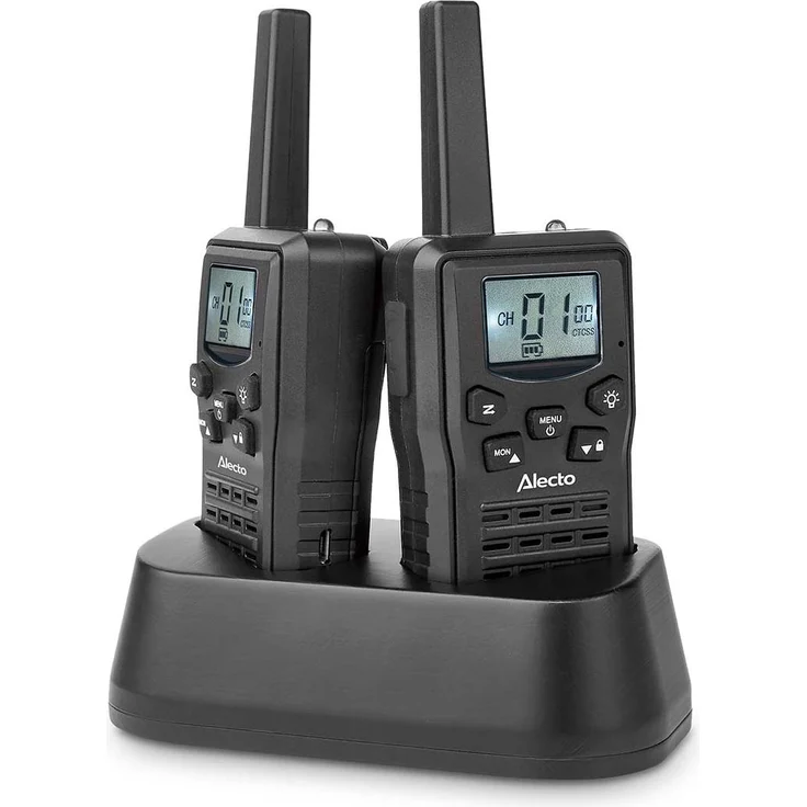 Alecto FR200BK, Set mit 2 wiederaufladbaren Walkie-Talkies, Reichweite bis zu 10 km, VOX-Freisprechfunktion, USB-C, Schwarz