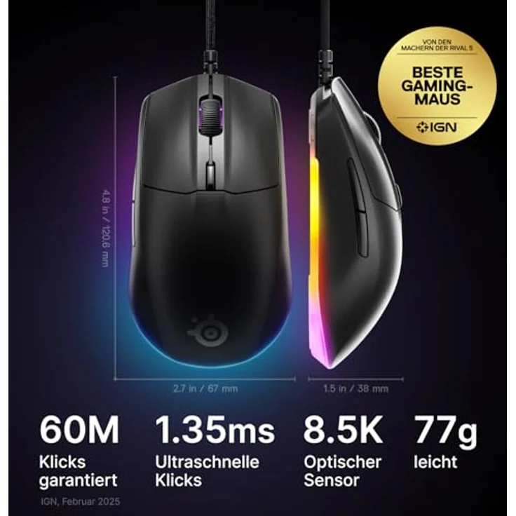 SteelSeries Rival 3 Gen 2, Gaming-Maus mit 8.500 DPI TrueMove Core-Optiksensor, 60 Millionen Klicks, niedrige Latenz, 77 g leicht, RGB-Beleuchtung, schwarz – Bild 2