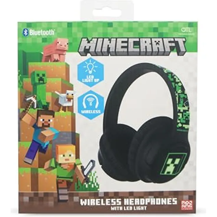 OTL Technologies Minecraft Faltbare kabellose Kopfhörer mit LED-Licht, Bluetooth 5.3, 50 Stunden Akkulaufzeit, leicht und bequem