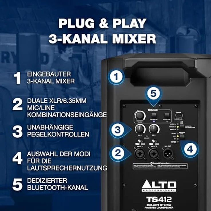 ALTO TS412, 2500 Watt 12-Zoll Aktiver PA-Lautsprecher mit 3-Kanal Mixer, Bluetooth-Streaming, DSP App, schwarz – Bild 3