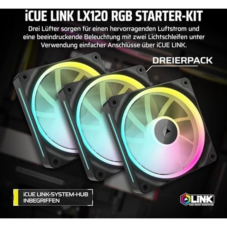 Corsair iCUE LINK LX120 RGB 120mm PWM-Lüfter Dreierpack – Dual Light Loops – Inklusive iCUE LINK System Hub – AirGuide Technologie – Schwarz – Bild 2
