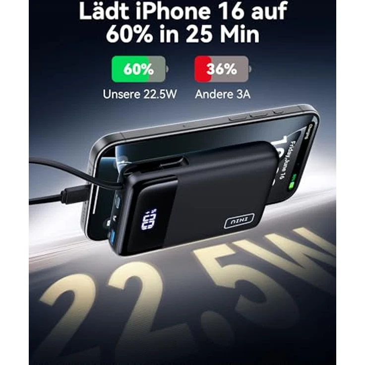 INIU 45W Power Bank, 20000mAh Klein Powerbank mit Integriertem USB-C Kabel, Minigröße Externe Handyakkus USB-C In&Out, Klein Aber Stark für iPhone 16 15 14 13 Laptop Samsung Xiaomi Redmi iPad etc – Bild 4