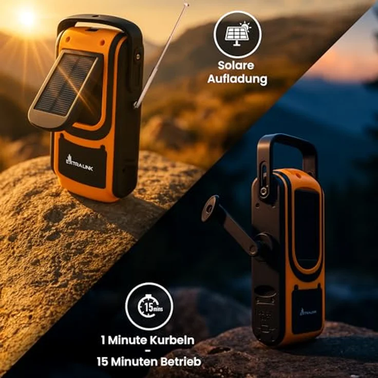 Extralink Power Ranger EPS-6000 Powerbank 6000 mAh UKW-Radio LED-Licht Handkurbel Solarpanel Notbeleuchtung und SOS-Alarmsystem, Schwarz/Gelb – Bild 4