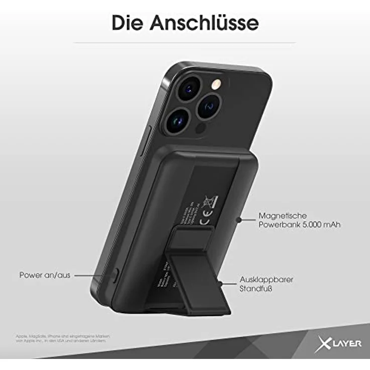 XLayer MagFix Pro 2-in-1 Magsafe Powerbank mit Standfuß 5.000 mAh Schwarz tragbarer Zusatzakku mit magnetischer Haltevorrichtung, kompatibel für iPhone 12/13/14 – Bild 5