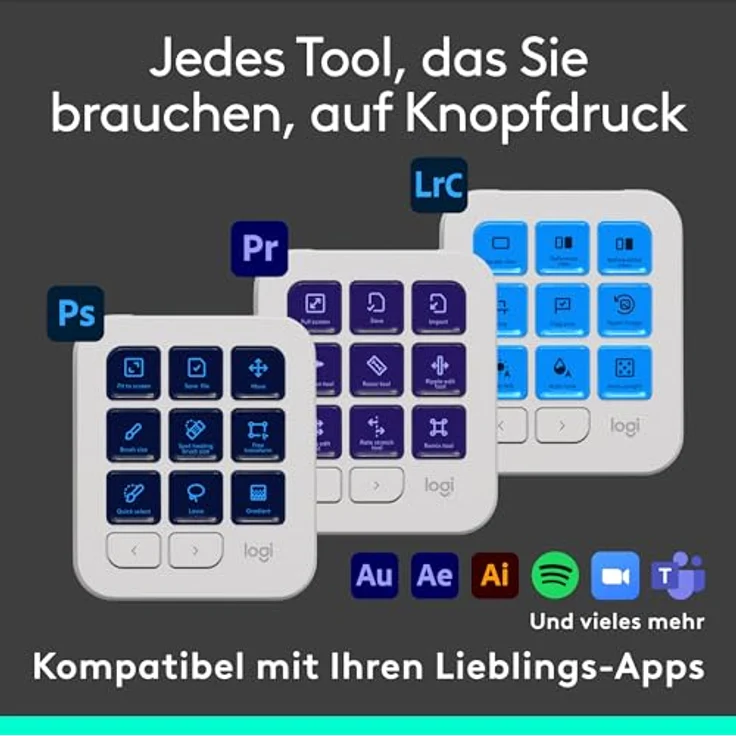 Logitech MX Creative Console Programmierbares Tastenfeld mit 9 anpassbaren LCD-Tasten und Regler für Grafikdesign, Videobearbeitung, Fotografie, Verwendung mit Adobe, Zoom, Spotify und mehr -Hellgrau – Bild 4