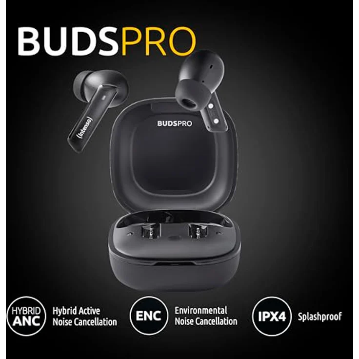 Intenso True Wireless Kopfhörer Buds Pro T500AE schwarz, Spritzwasserschutz, Ergonomische Passform, Touchsteuerung, Akkulaufzeit bis zu 9 Stunden – Bild 3