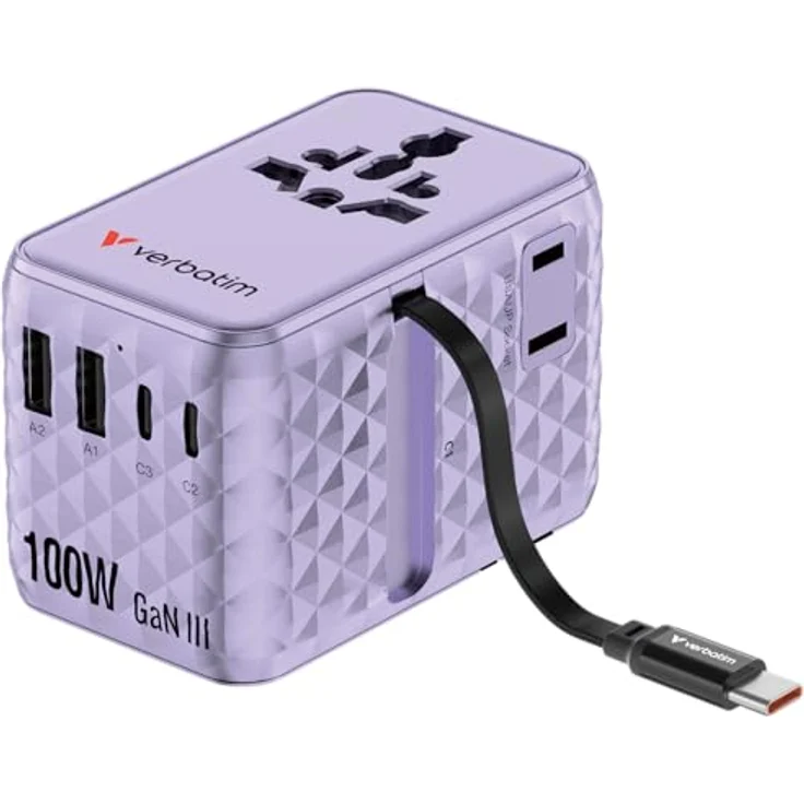 Verbatim Charge 'N' Travel 100W, Universal-Reiseadapter mit integriertem USB-C Kabel, lila – Bild 1