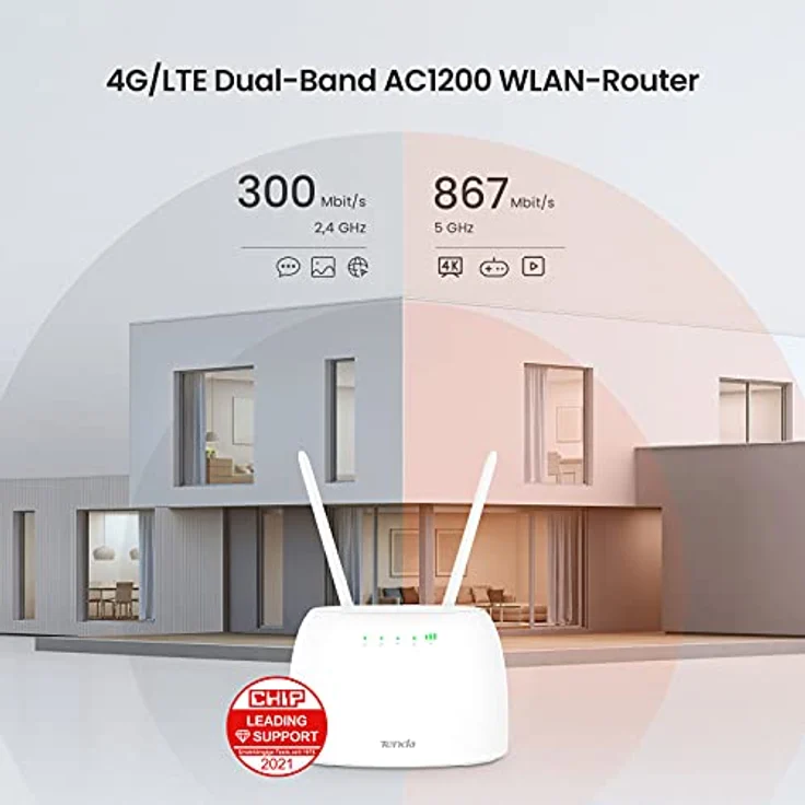 Tenda 4G07 4G LTE WLAN Router für SIM-Karten (CAT4, AC1200 Dualband 2,4GHz: 300Mbit/s + 5GHz: 867Mbit/s, 150 Mbit/s im Download) Plug & Play, LAN/WAN-Port, 2 Abnehmbare Antennen, MU-MIMO, Weiß – Bild 3