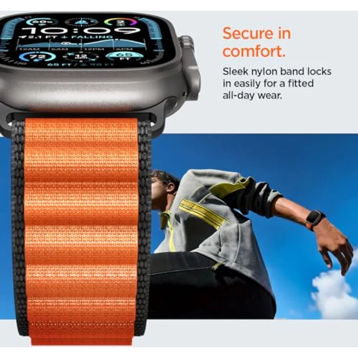 Spigen Basis-Stoffarmband mit Hakenverschluss, kompatibel mit Apple Watch Ultra 2/1 49mm, Serie 11/10 46mm, 9/8/7 45mm, SE2/SE/6/5/4 44mm - Schwarz Orange, hochwertiges und bequemes Design für ganztägigen Tragekomfort – Bild 5
