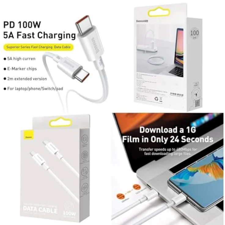 Baseus Superior Series USB-C auf USB-C Kabel, 100W Schnellladung, 1m, weiß – Bild 5