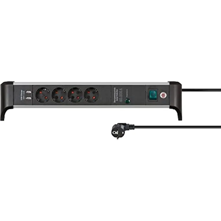 Brennenstuhl Alu-Office-Line Steckdosenleiste 4-Fach mit USB und Überspannungsschutz (Mehrfachsteckdose mit Schalter, 1,8m Kabel, 2-Fach USB 3,1 A, Made in Germany)