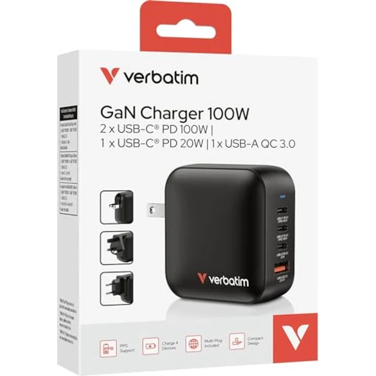 Verbatim Mini GaN Ladegerät (100 W), USB Ladegerät mit 3x USB-C und 1x USB-A Anschluss, schwarz – Bild 2