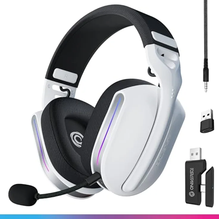 Oniverse Gaming-Headset Polaris, kabellos, PS5/PS4/Switch/PC/mobil, LED, geringe Latenz 2,4 GHz/Bluetooth, Akku 33 Stunden, virtueller Sound 7.1, Dual-Mikrofon, blau