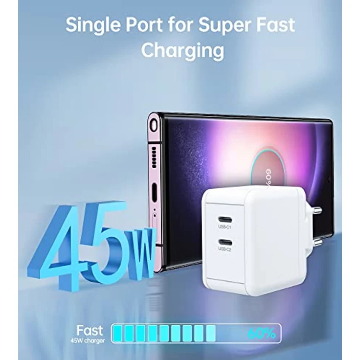 45W USB C Ladegerät, GaN II Dual USB C Wandladegerät, PD 3.0 Schnellladegerät USB C, Kompatibel mit Samsung Galaxy S23 Ultra S23, iPhone 14 13 12 Pro Max Mini,iPad Pro, Tablet, Notebook, Watch usw. – Bild 2