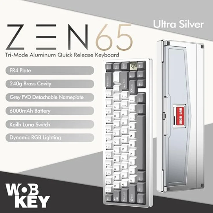 KEEBMONKEY WOBKEY Zen 65, 65% Kabellose Mechanische RGB-Tastatur mit CNC-Aluminiumgehäuse, Hot-Swappable, VIA-Unterstützung, BT/2.4G/USB-C für Mac/Windows (Ultra Silver) – Bild 2
