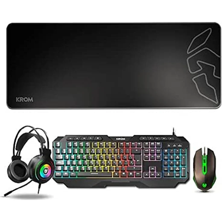 KROM Pack Gaming KARRIER - RGB Rainbow LED, Folientastatur, optische Maus mit 3600 DPI, 50-mm-Stereokopfhörer, rutschfeste Gummimatte, spanisches Layout, Farbe Schwarz – Bild 1