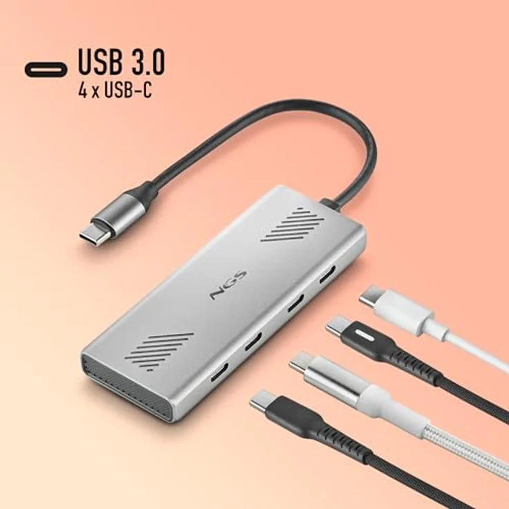NGS Wonder4-C USB-C Multiport-Adapter 4-in-1 Hub mit 4 USB 3.0-Anschlüssen, 5 Gbit/s, Aluminiumgehäuse, 180 mm Kabel, tragbar – Bild 2