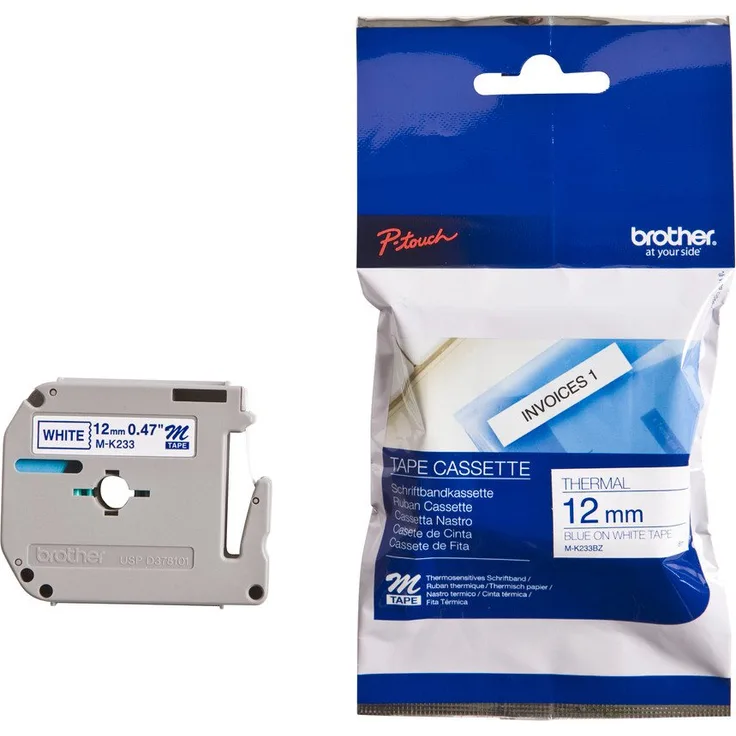 Brother Schriftband M-K233, 12mm Tintenpatrone, Blau auf Weiß, 8m Länge