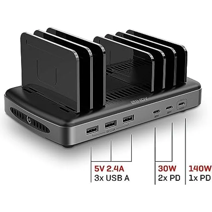 Lindy 73436 6 Port USB Ladestation, Aluminium, Kunststoff, Schwarz/Grau, USB Power Delivery 3.1, Qualcomm Quick Charge 3.0/4.0, Samsung AFC, Apple Charging Protocol – Bild 3