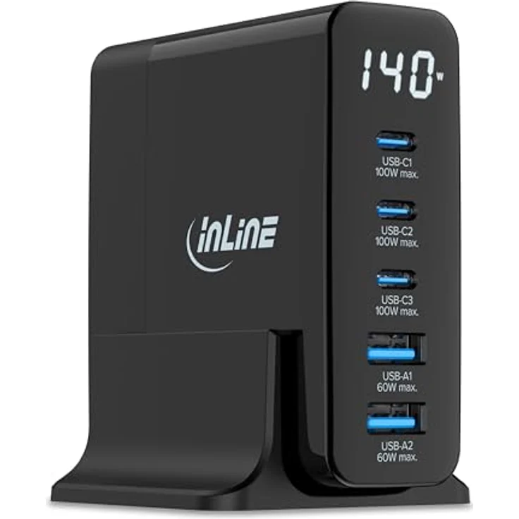 InLine USB-Ladegerät 5-Port GaN 140W Schnellladegerät PD3.0 QC3.0 mit digitalem Display, 3X USB-C + 2X USB-A, Netzteil für iPhone/Pro/Mini, Samsung - Schwarz – Bild 1